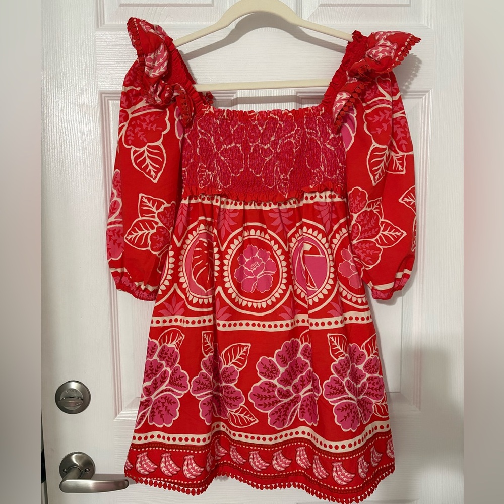 FARM Rio Vibrant Red Pink and White Dress